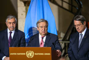 TALKING POINT AT THE UN IN GENEVA CONCERNING CYPRUS UN Secretary-General Antonio Guterres during a press briefing to the press. He was accompanied by HE Mustafa Akinci, President of Northern Cyprus (left- turkish part) and HE Nicos Anastasiades, President of Cyprus (right greek part).