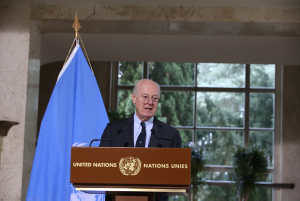 Mr Staffan De Mistura, UN Special Envoy for Syria during a press briefing at the UN in Geneva.