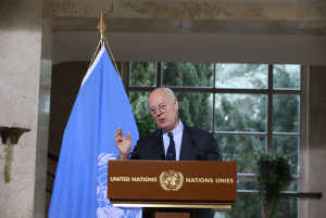 Mr Staffan De Mistura, UN Special Envoy for Syria during a press briefing at the UN in Geneva.